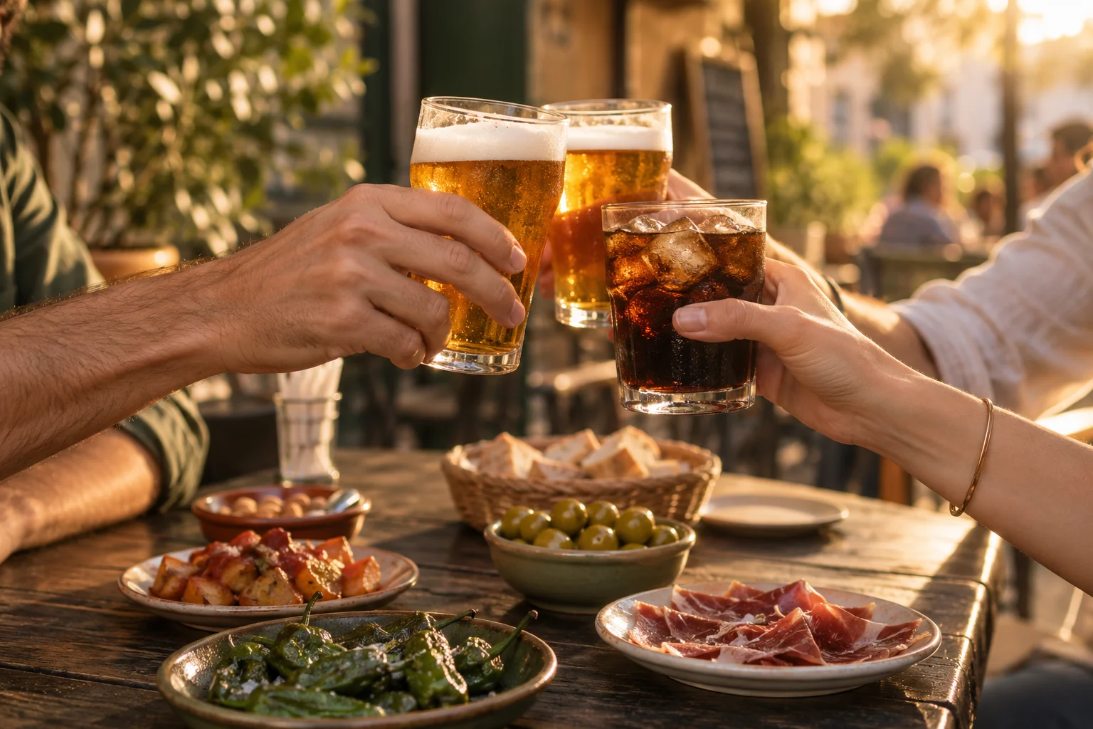 Amigos compartiendo un brindis y tapas en una terraza